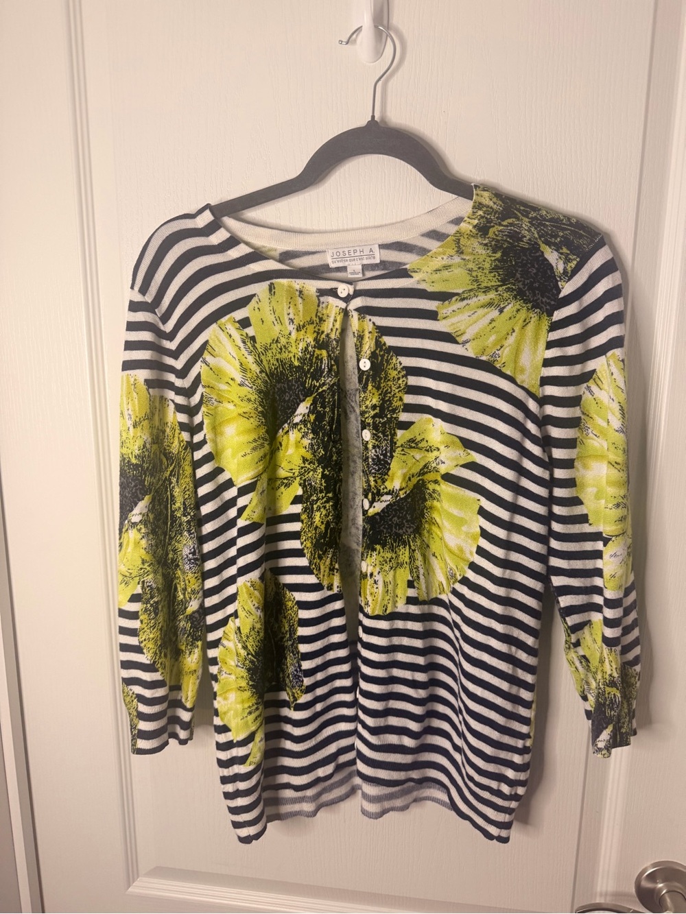 Joseph A Black & White Striped Button-Down with Lime Floral Print